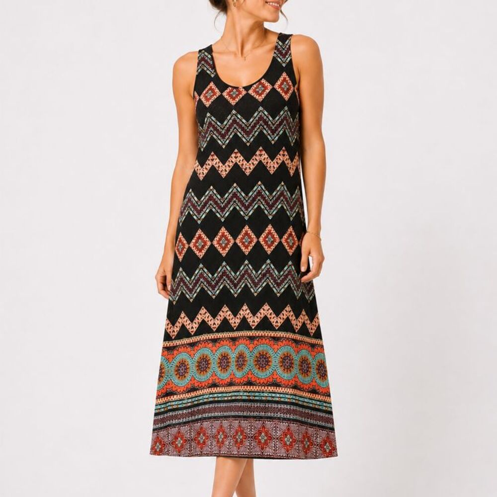 RN Studio Ronni Nicole Sz 18 Boho Maxi Dress Black Sleeveless Crochet Aztec